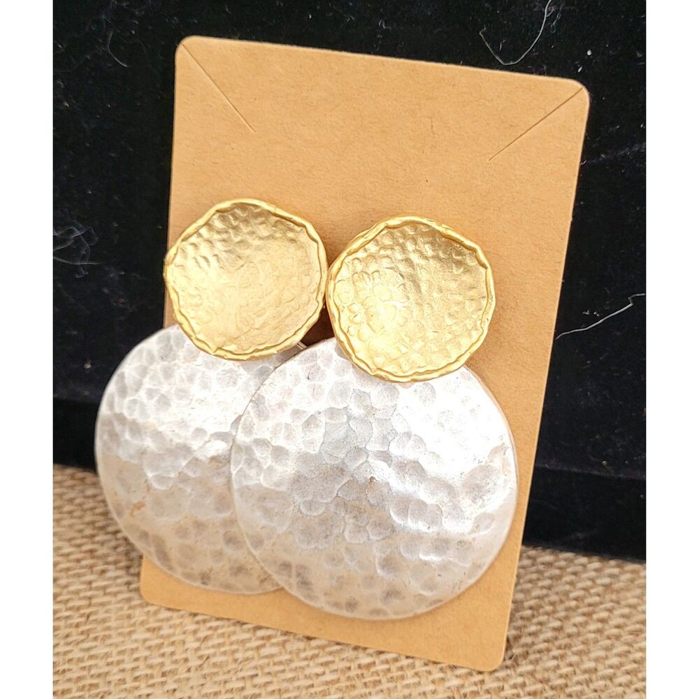 Silverstone Hammered Disc Earrings with top Goldtone Concave Circle Lightweight